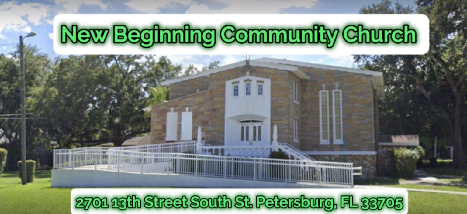 Exterior of New Beginning Community Church at 2701 13th Street South in St. Petersburg, with white entrance doors and an access ramp.